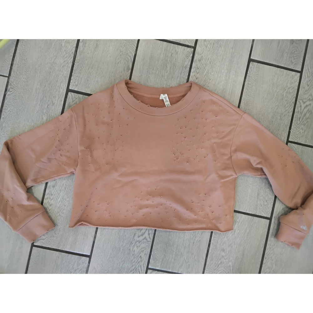 Alo Yoga Distressed Cropped Sweatshirt Mauve Clay Pink Laser Cut Pullover Medium